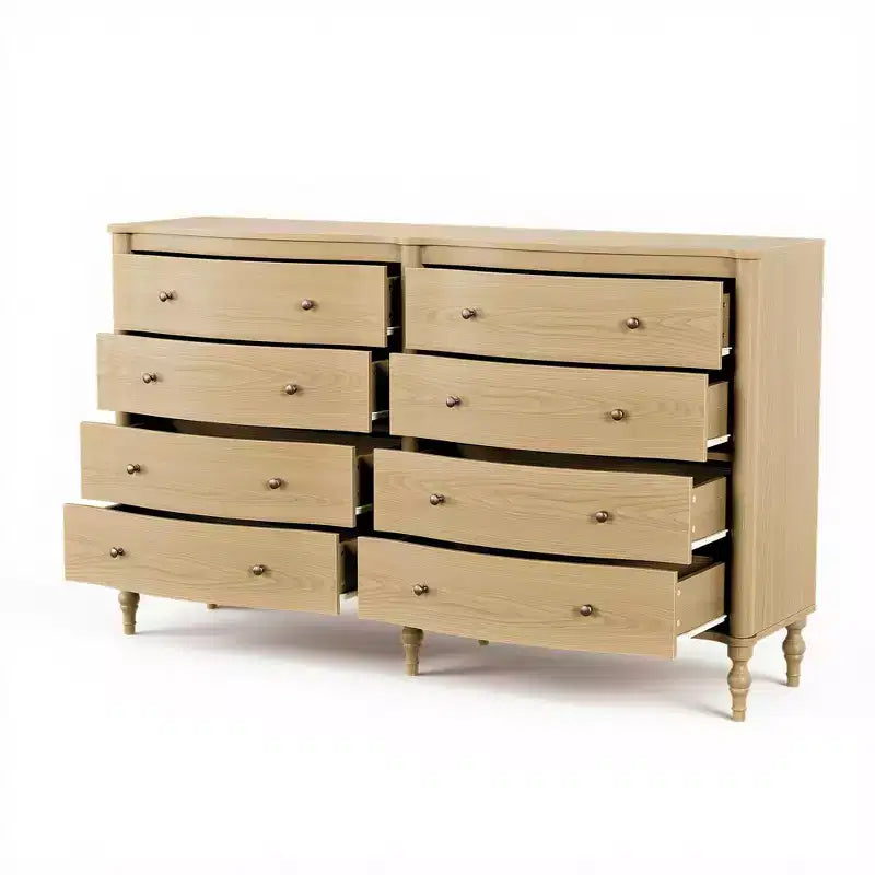 Commode vintage à façade incurvée avec 8 tiroirs - Noir/Chêne clair, Poignées bronze, MDF