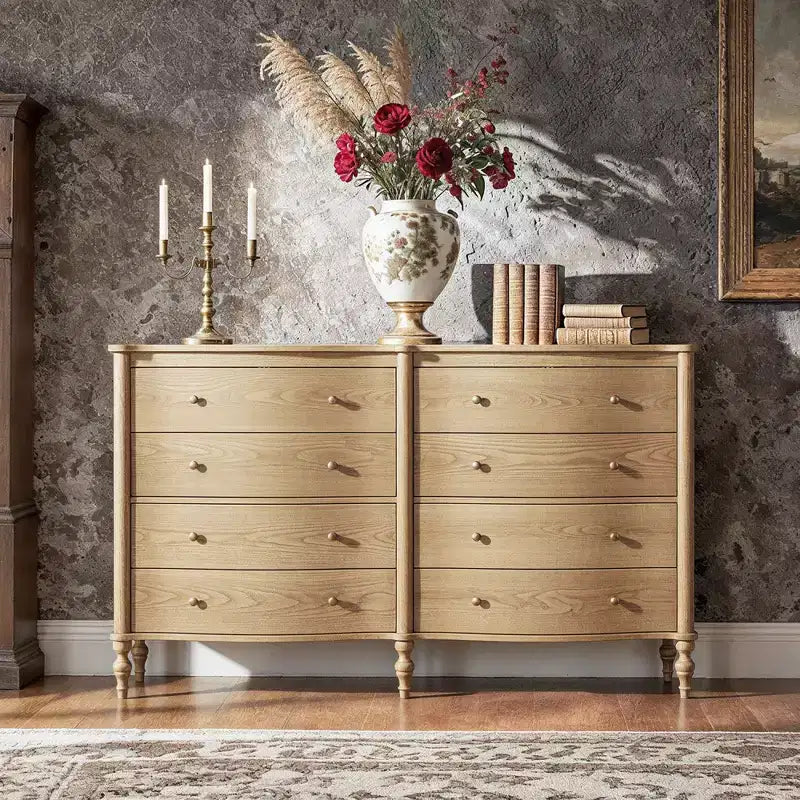 Commode vintage à façade incurvée avec 8 tiroirs - Noir/Chêne clair, Poignées bronze, MDF