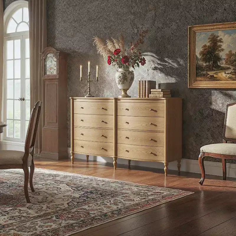 Commode vintage à façade incurvée avec 8 tiroirs - Noir/Chêne clair, Poignées bronze, MDF