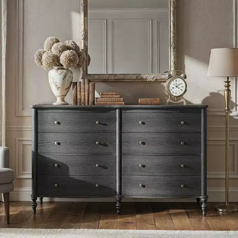 Commode vintage à façade incurvée avec 8 tiroirs - Noir/Chêne clair, Poignées bronze, MDF