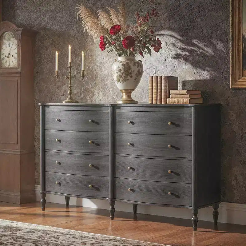 Commode vintage à façade incurvée avec 8 tiroirs - Noir/Chêne clair, Poignées bronze, MDF