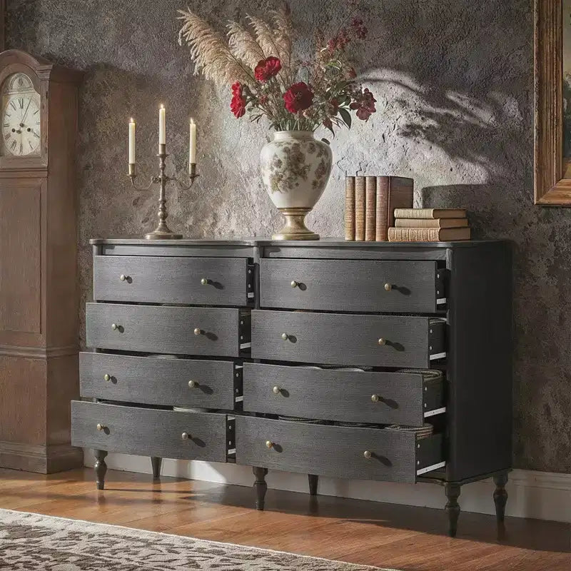 Commode vintage à façade incurvée avec 8 tiroirs - Noir/Chêne clair, Poignées bronze, MDF