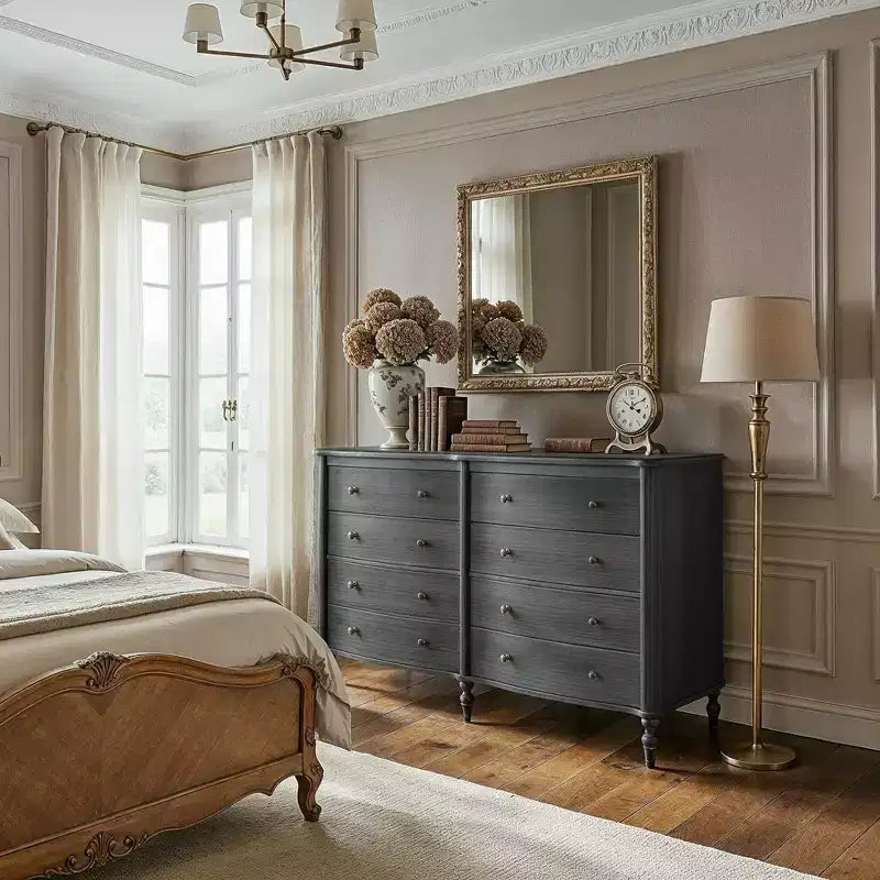 Commode vintage à façade incurvée avec 8 tiroirs - Noir/Chêne clair, Poignées bronze, MDF