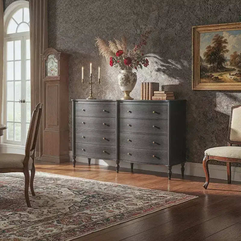 Commode vintage à façade incurvée avec 8 tiroirs - Noir/Chêne clair, Poignées bronze, MDF