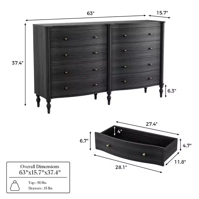Commode vintage à façade incurvée avec 8 tiroirs - Noir/Chêne clair, Poignées bronze, MDF