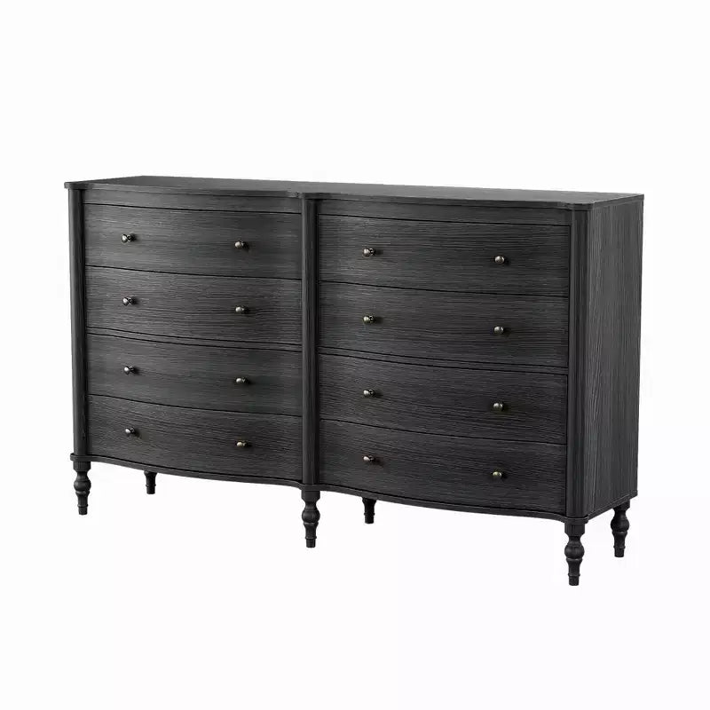 Commode vintage à façade incurvée avec 8 tiroirs - Noir/Chêne clair, Poignées bronze, MDF
