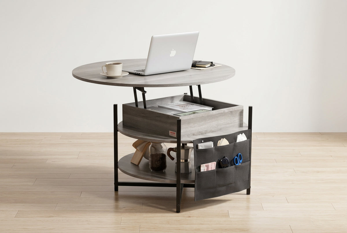 Table basse relevable ronde de 35,3 po avec poches de rangement - Gris foncé