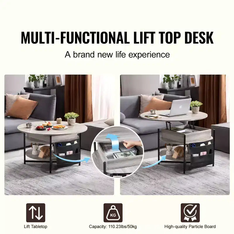 Table basse relevable ronde de 35,3 po avec poches de rangement - Gris foncé