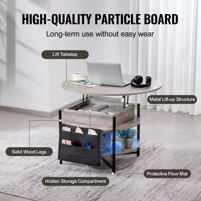 Table basse relevable ronde de 35,3 po avec poches de rangement - Gris foncé