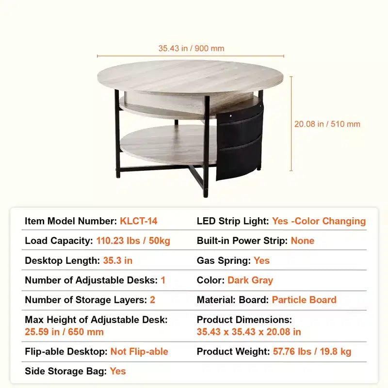 Table basse relevable ronde de 35,3 po avec poches de rangement - Gris foncé