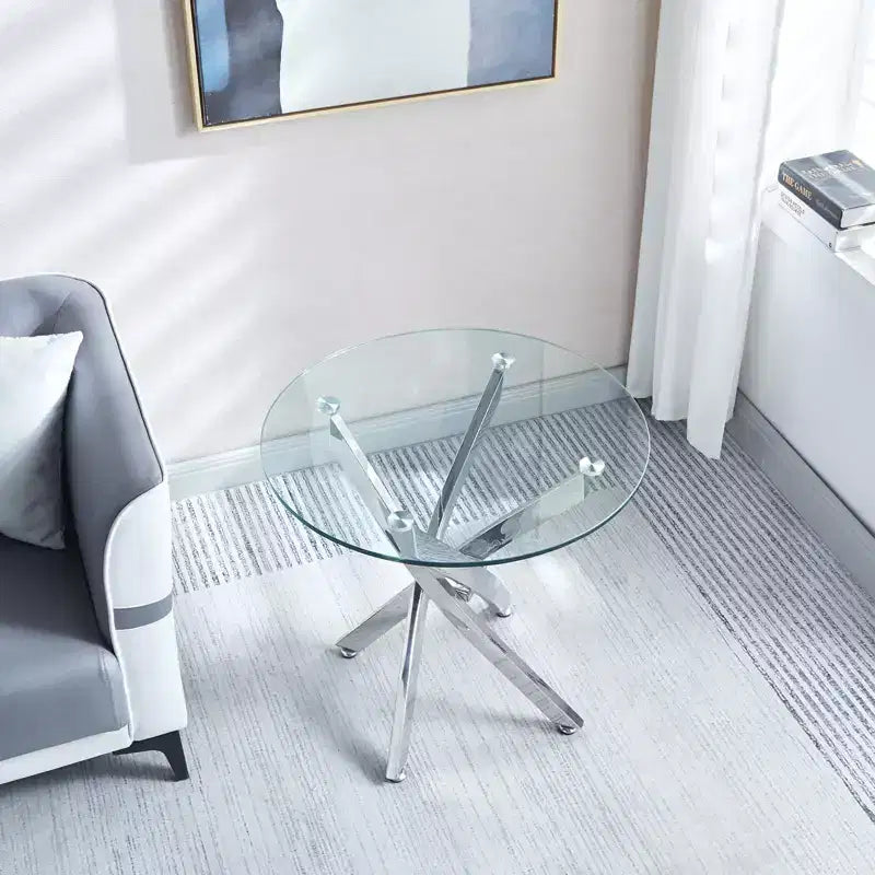 Table d'appoint ronde en verre trempé de 23,6 po – Pieds chromés, base à 4 points, accent moderne