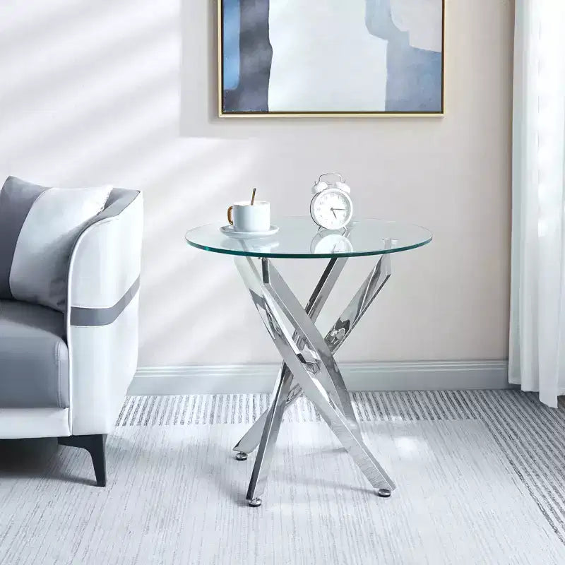 Table d'appoint ronde en verre trempé de 23,6 po – Pieds chromés, base à 4 points, accent moderne