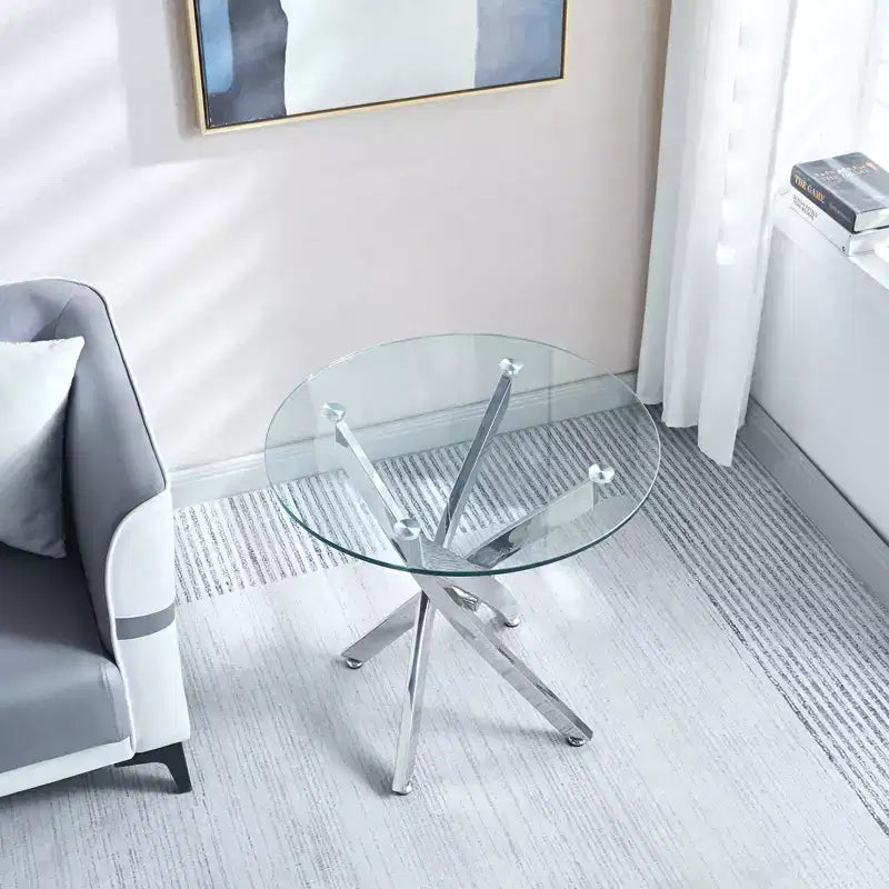 Table d'appoint ronde en verre trempé de 23,6 po – Pieds chromés, base à 4 points, accent moderne