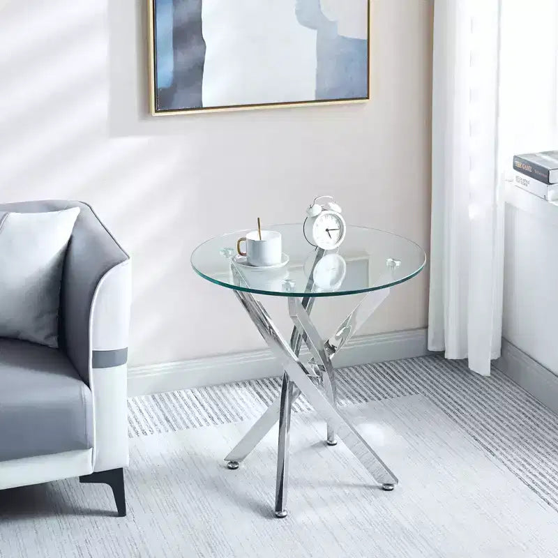 Table d'appoint ronde en verre trempé de 23,6 po – Pieds chromés, base à 4 points, accent moderne