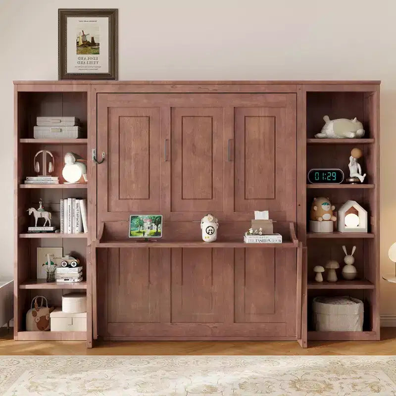 Lit escamotable grand lit/queen size – Lit mural peu encombrant avec bureau et étagère, marron foncé