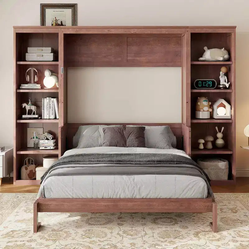 Lit escamotable grand lit/queen size – Lit mural peu encombrant avec bureau et étagère, marron foncé