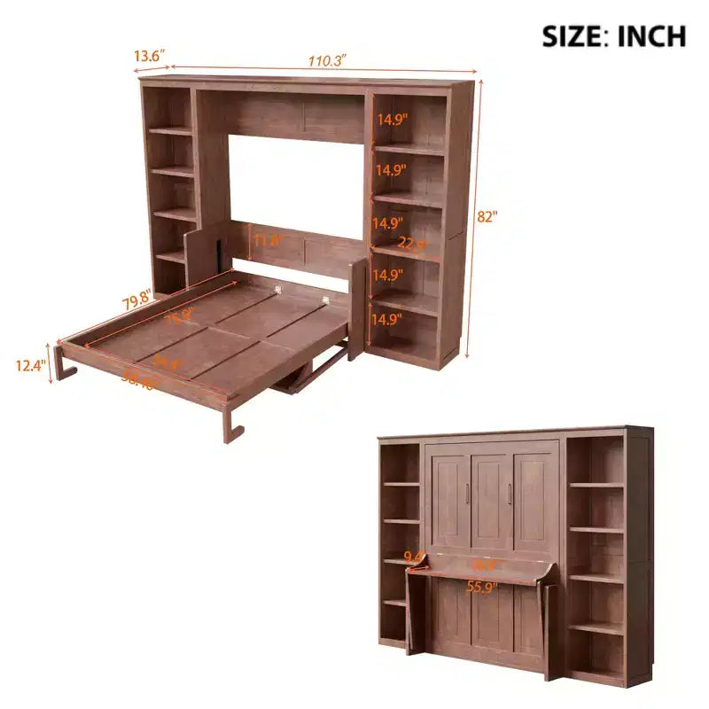 Lit escamotable grand lit/queen size – Lit mural peu encombrant avec bureau et étagère, marron foncé