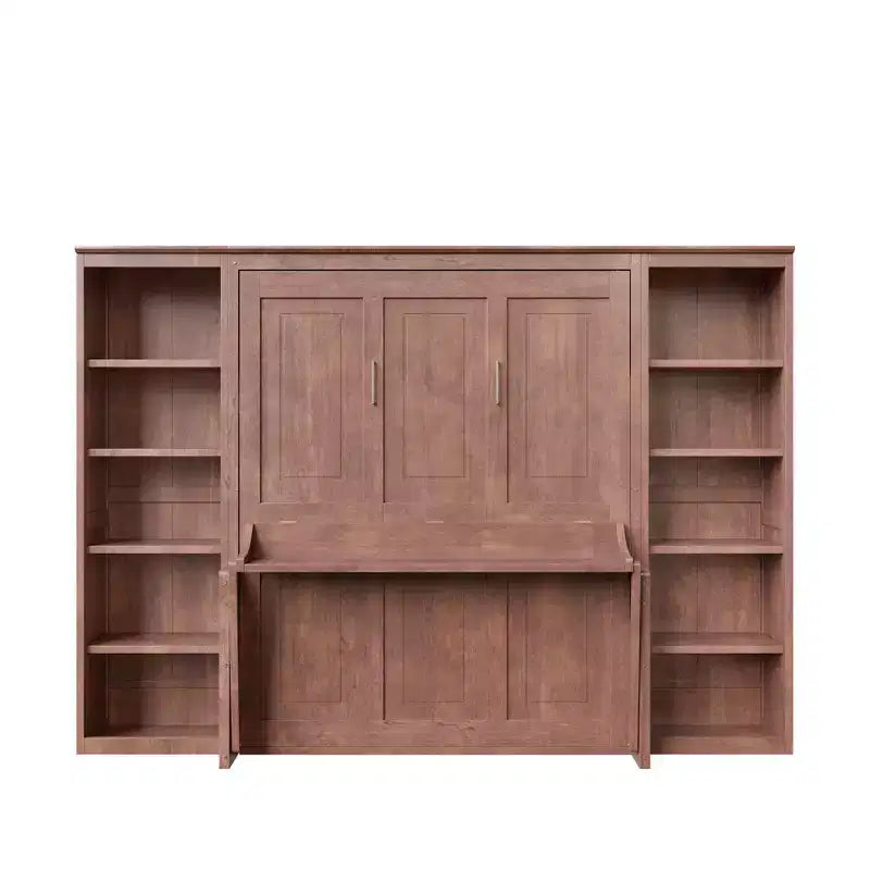 Lit escamotable grand lit/queen size – Lit mural peu encombrant avec bureau et étagère, marron foncé