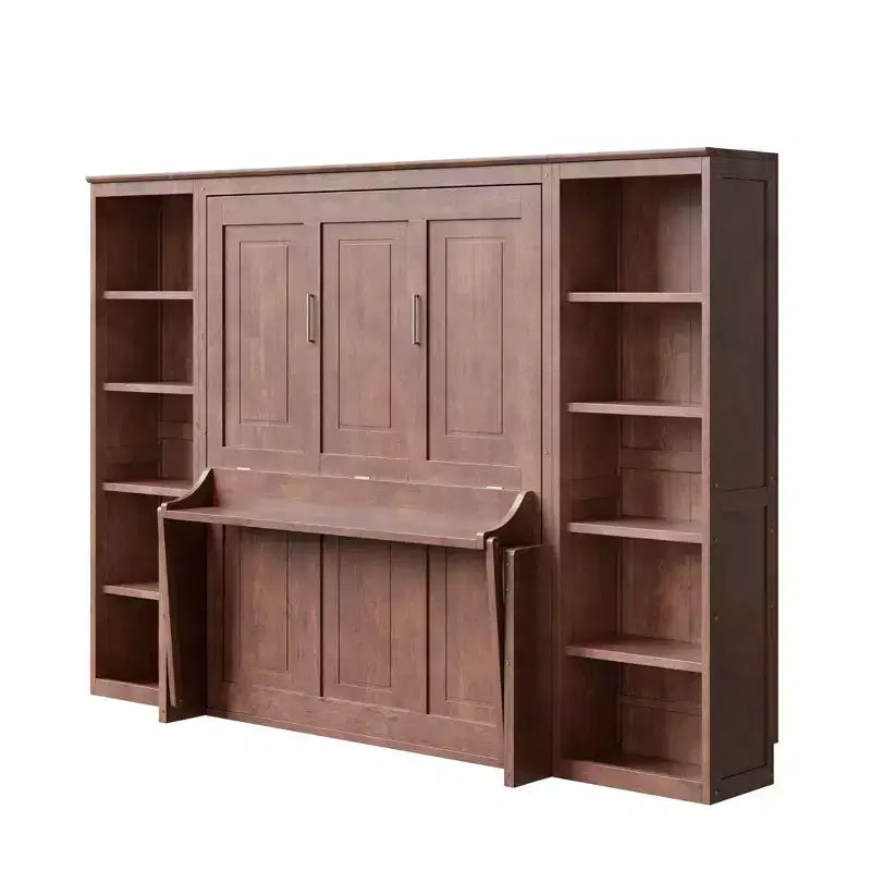 Lit escamotable grand lit/queen size – Lit mural peu encombrant avec bureau et étagère, marron foncé