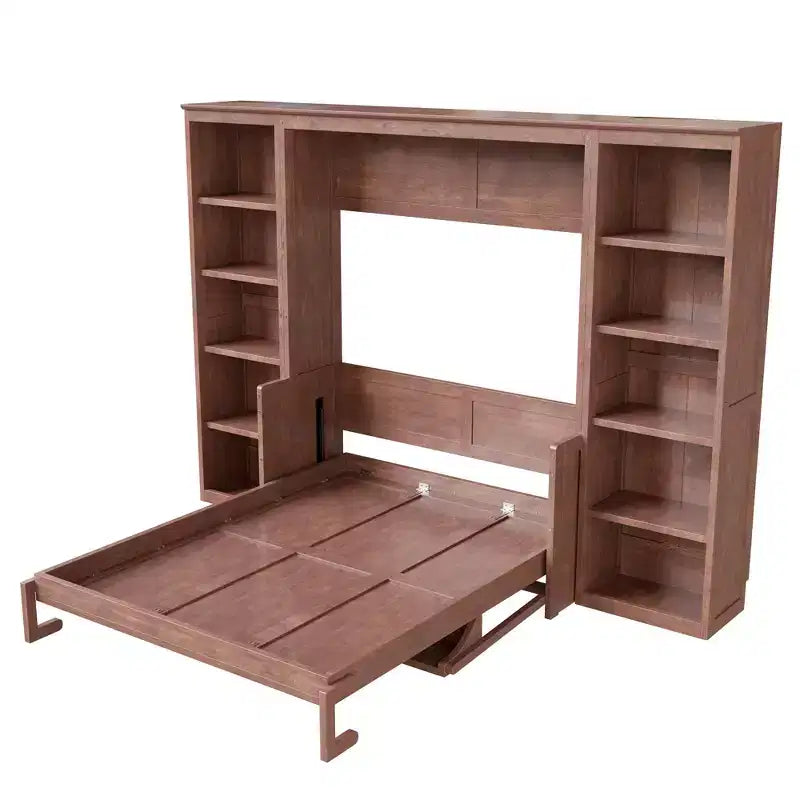 Lit escamotable grand lit/queen size – Lit mural peu encombrant avec bureau et étagère, marron foncé