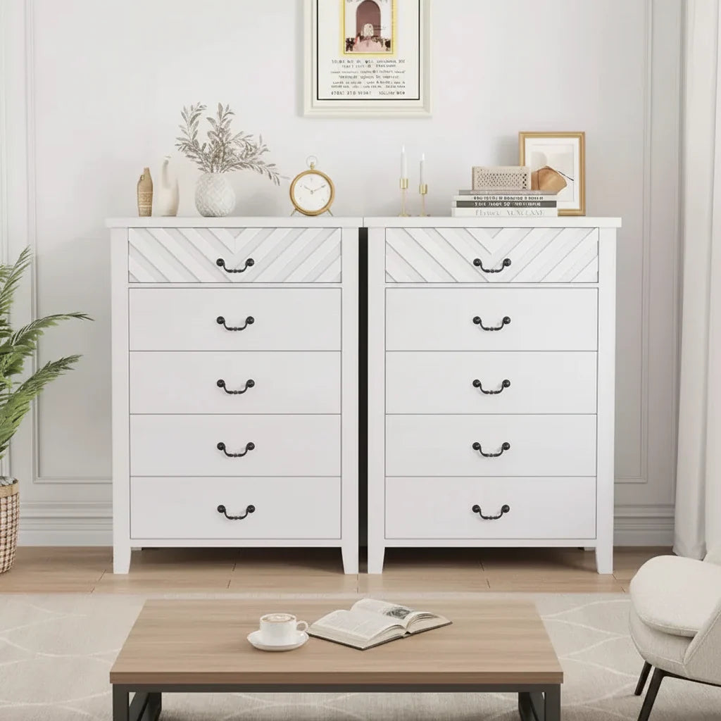 Commode de chambre à 5 tiroirs de style ferme, commode haute de 114,8 cm, tiroir vertical de rangement autoportant, commode de rangement en bois pour chambre à coucher
