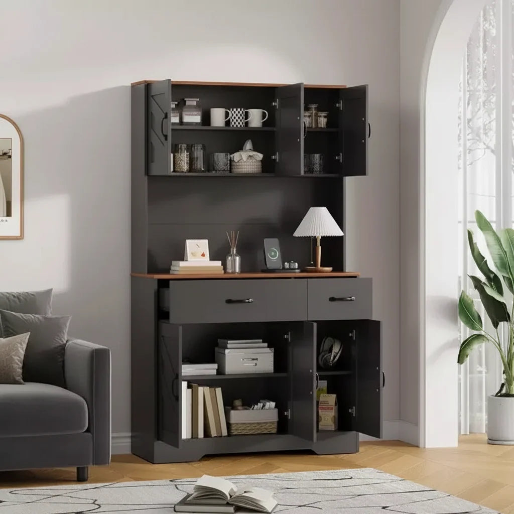 Armoire de rangement de cuisine haute de 71 pouces avec support pour micro-ondes, buffet de cuisine de style ferme avec étagères réglables pour salon, salle à manger
