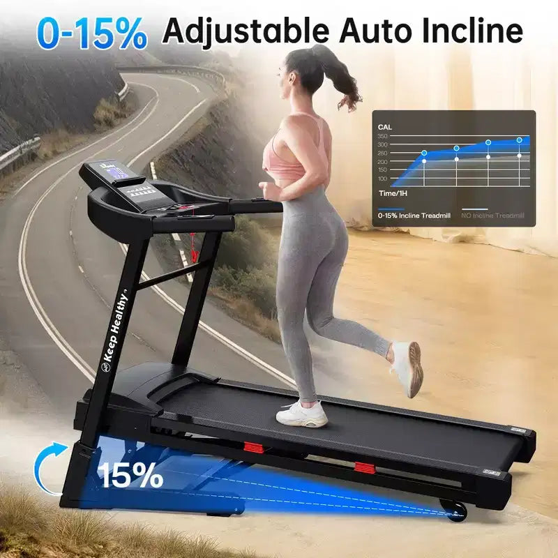 Tapis de course pliable Whisen, machine de course à pied avec 12 programmes prédéfinis, inclinaison – Noir et rouge
