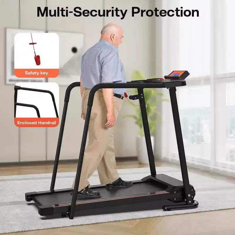 Whisen Walking Foldable Treadmill, Extended Handrails for Recovery Fitness Running Machine - Black & Orange