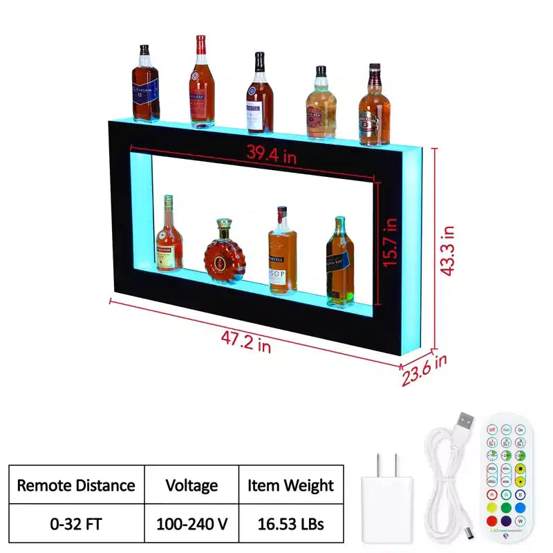 Étagère de présentation pour bouteilles d'alcool avec éclairage à 48 LED - Étagère de bar à 2 niveaux avec télécommande et contrôle par application, noire