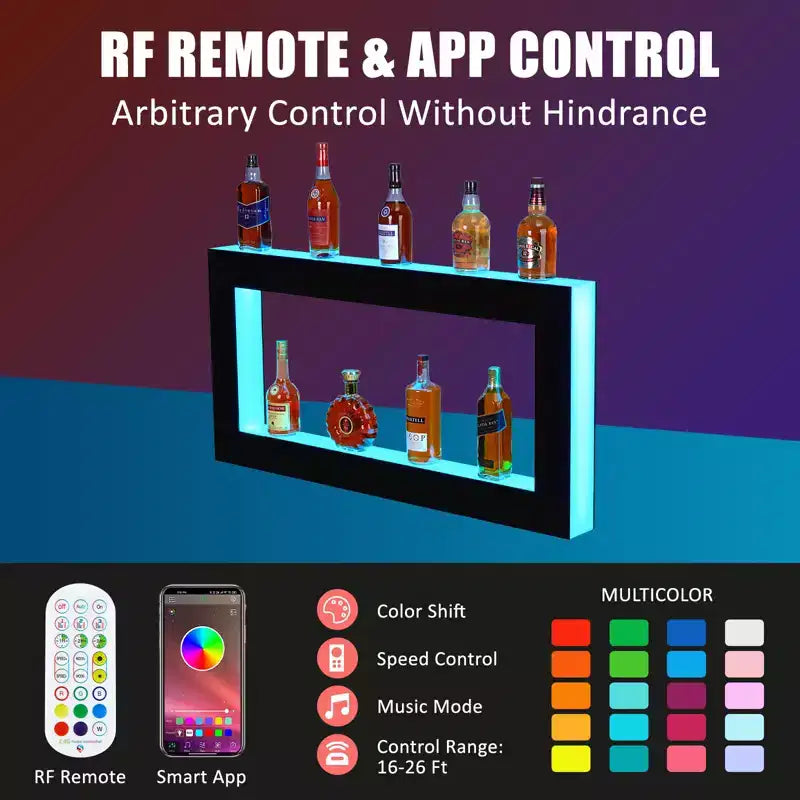 Étagère de présentation pour bouteilles d'alcool avec éclairage à 48 LED - Étagère de bar à 2 niveaux avec télécommande et contrôle par application, noire