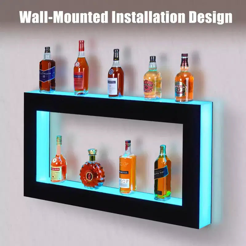 Étagère de présentation pour bouteilles d'alcool avec éclairage à 48 LED - Étagère de bar à 2 niveaux avec télécommande et contrôle par application, noire