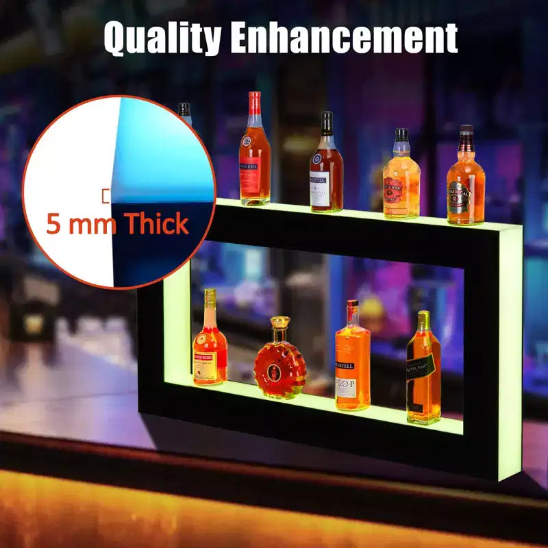 Étagère de présentation pour bouteilles d'alcool avec éclairage à 48 LED - Étagère de bar à 2 niveaux avec télécommande et contrôle par application, noire