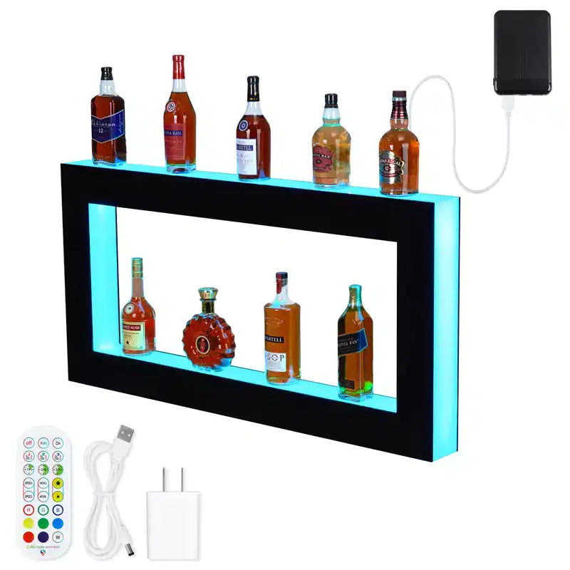 Étagère de présentation pour bouteilles d'alcool avec éclairage à 48 LED - Étagère de bar à 2 niveaux avec télécommande et contrôle par application, noire