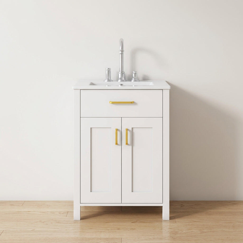 24 Inch Bathroom Vanity with Ceramic Sink, Tip-Out Drawer & Adjustable Shelf, Freestanding Bathroom Cabinet for Small Spaces