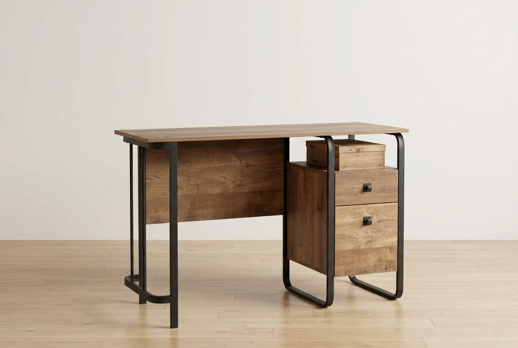 TUYOHW 47 Computer Desk,Modern Industrial Office Desk with 2 Storage Drawer and 1 Open Shelf,Metal Frame,Writing Desk for Home Office,Study,Brown