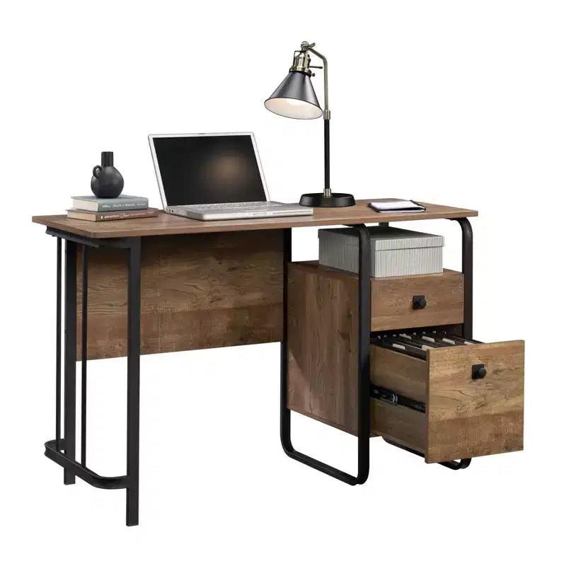 Bureau informatique industriel 47 pouces - 2 tiroirs, 1 étagère ouverte, cadre métallique, finition chêne