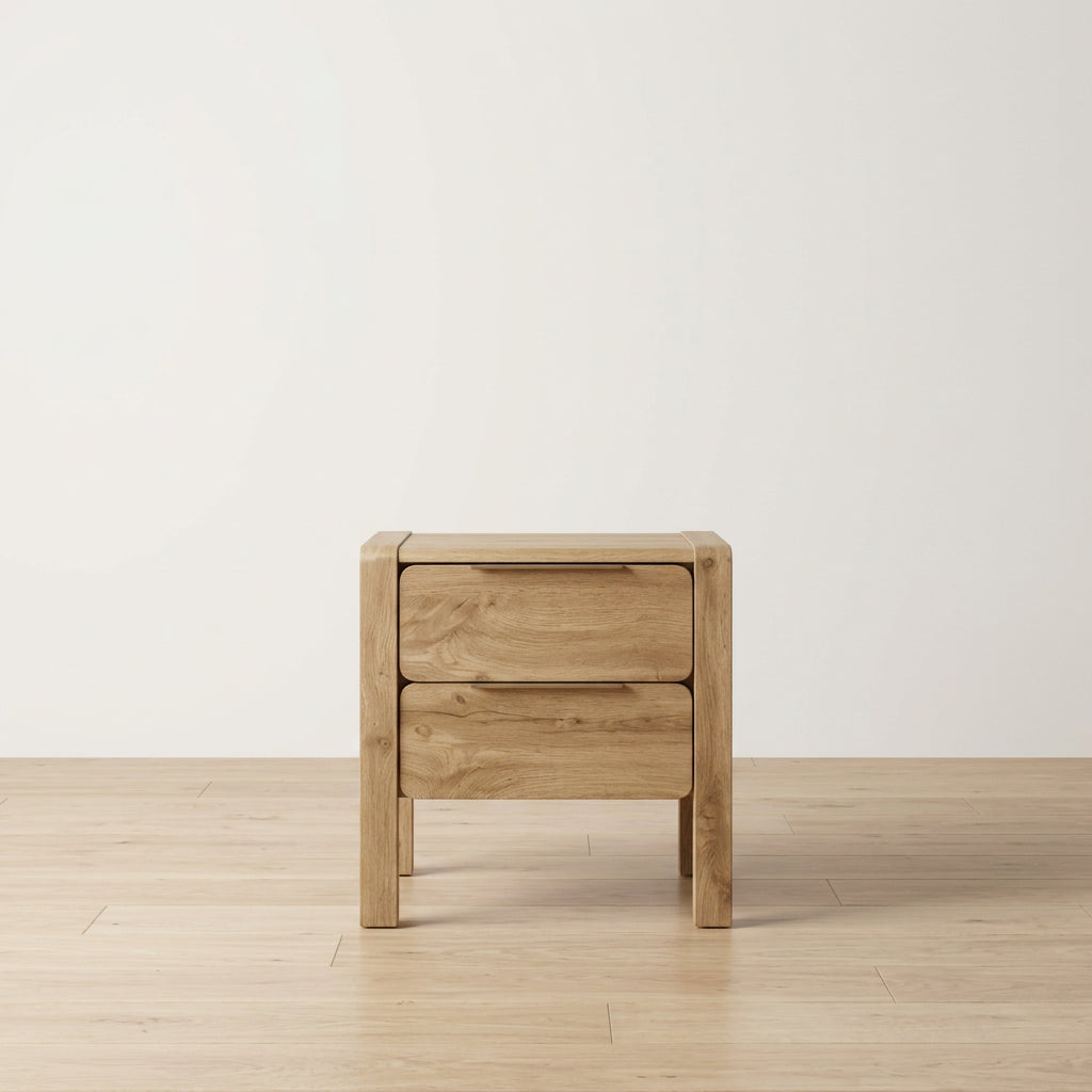 Table de chevet 2 tiroirs - Chêne/Laiton, MDF, 50x50x40 cm