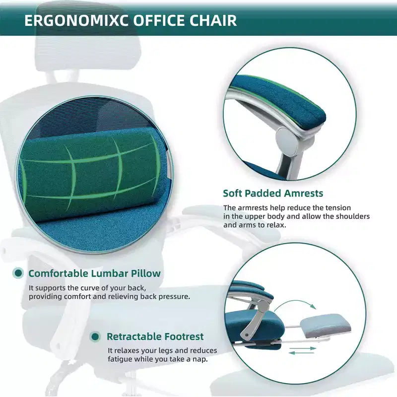 Chaise de bureau ergonomique TUYOHW avec repose-pieds rétractable, chaise de jeu avec coussin de soutien lombaire et accoudoirs rembourrés, chaise pivotante pour le bureau