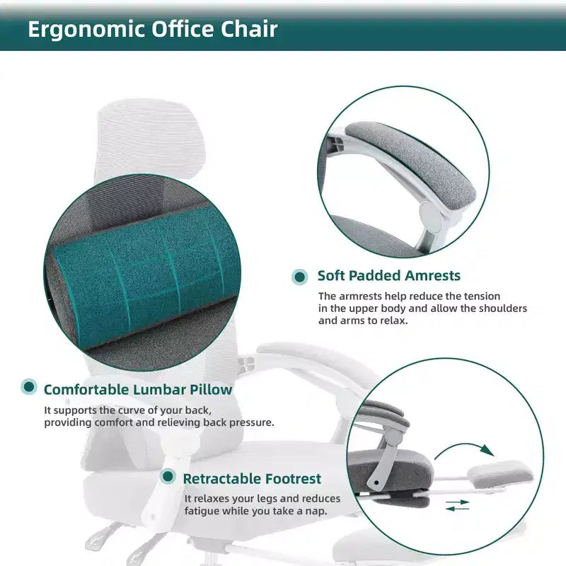 Chaise de bureau ergonomique TUYOHW avec repose-pieds rétractable, chaise de jeu avec coussin de soutien lombaire et accoudoirs rembourrés, chaise pivotante pour le bureau