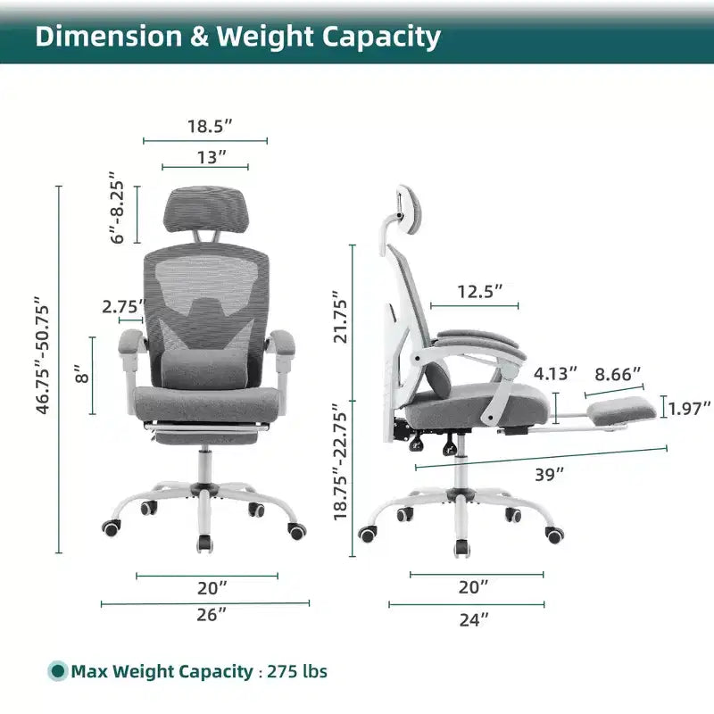 Chaise de bureau ergonomique TUYOHW avec repose-pieds rétractable, chaise de jeu avec coussin de soutien lombaire et accoudoirs rembourrés, chaise pivotante pour le bureau