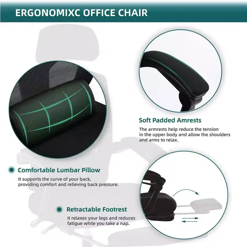 Chaise de bureau ergonomique TUYOHW avec repose-pieds rétractable, chaise de jeu avec coussin de soutien lombaire et accoudoirs rembourrés, chaise pivotante pour le bureau