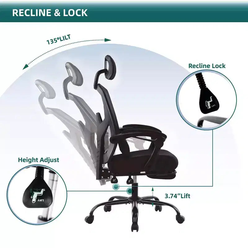 Chaise de bureau ergonomique TUYOHW avec repose-pieds rétractable, chaise de jeu avec coussin de soutien lombaire et accoudoirs rembourrés, chaise pivotante pour le bureau