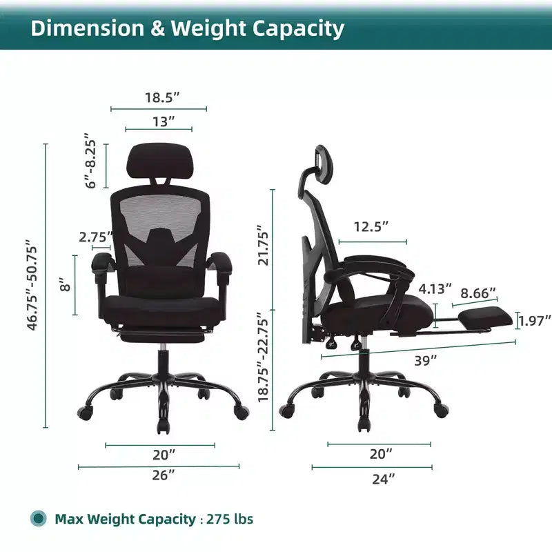 Chaise de bureau ergonomique TUYOHW avec repose-pieds rétractable, chaise de jeu avec coussin de soutien lombaire et accoudoirs rembourrés, chaise pivotante pour le bureau