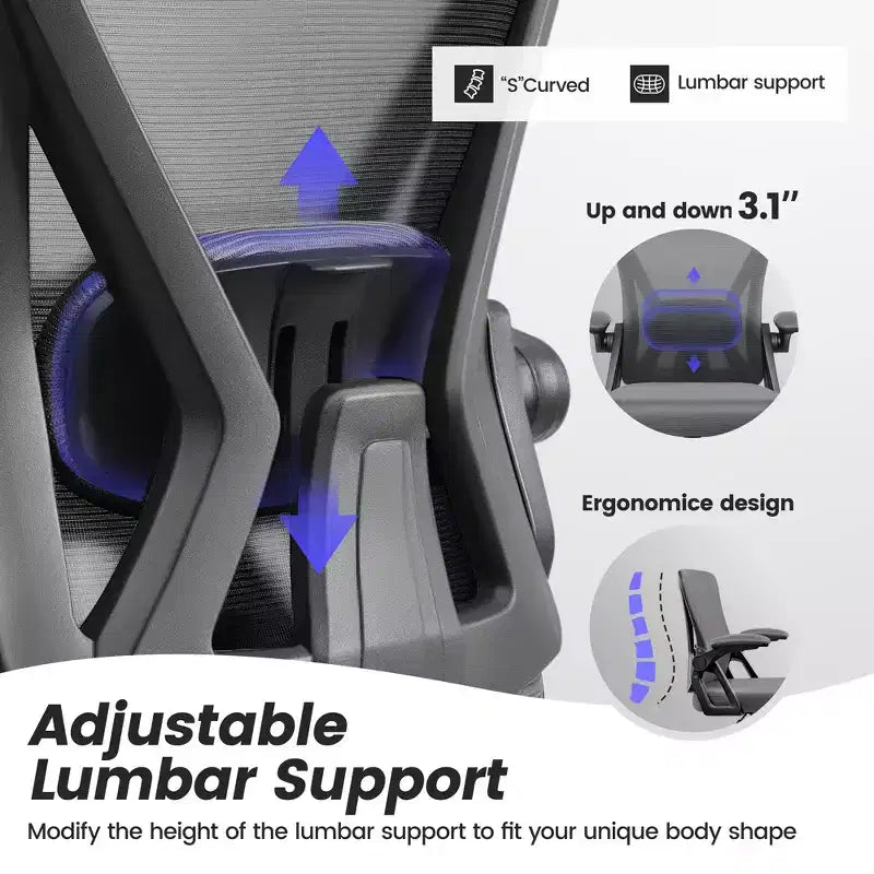Chaise de bureau ergonomique en maille - Soutien lombaire réglable, accoudoirs, 150 kg, inclinaison 90-120°, noire