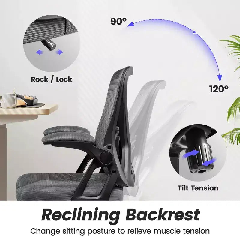Chaise de bureau ergonomique en maille - Soutien lombaire réglable, accoudoirs, 150 kg, inclinaison 90-120°, noire