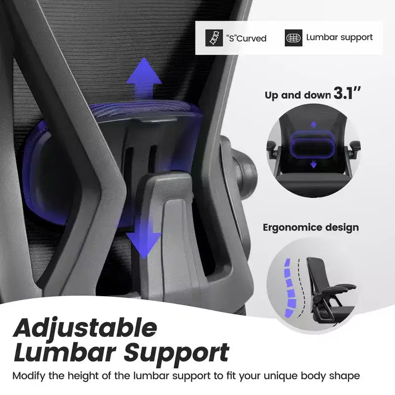 Chaise de bureau ergonomique en maille - Soutien lombaire réglable, accoudoirs, 150 kg, inclinaison 90-120°, noire