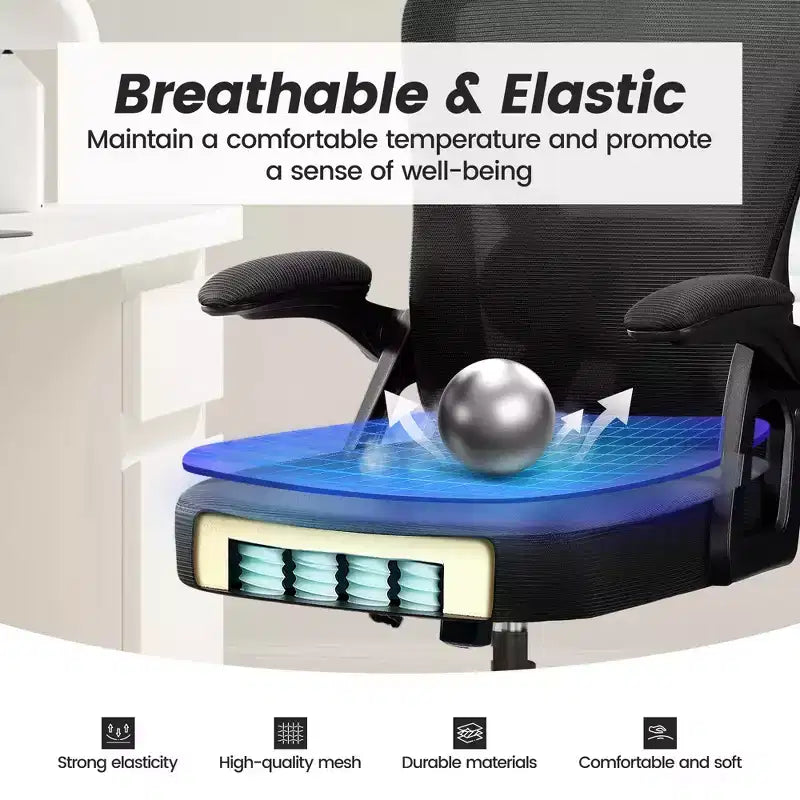 Chaise de bureau ergonomique en maille - Soutien lombaire réglable, accoudoirs, 150 kg, inclinaison 90-120°, noire