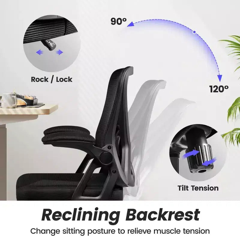 Chaise de bureau ergonomique en maille - Soutien lombaire réglable, accoudoirs, 150 kg, inclinaison 90-120°, noire