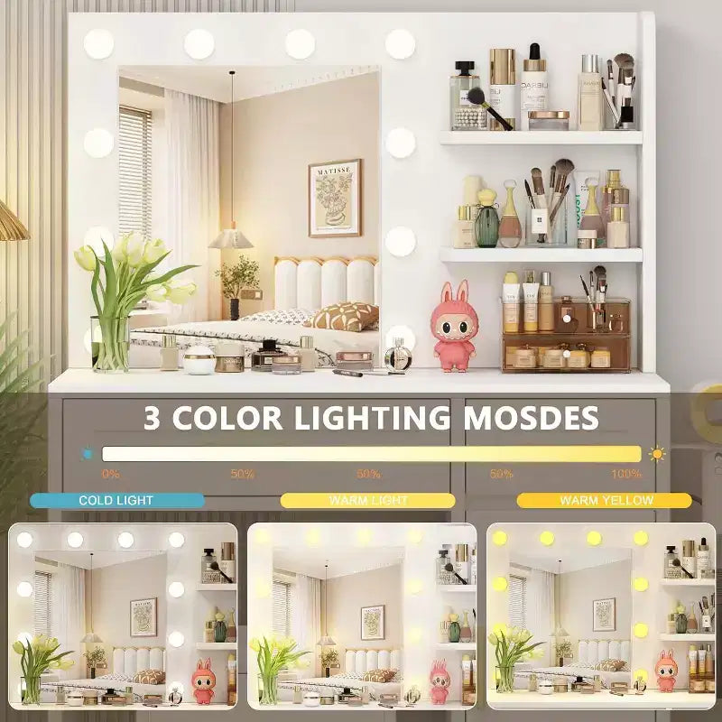 Coiffeuse avec lumières LED et prise de courant - 3 modes d'éclairage, luminosité réglable, tiroirs et étagères de rangement