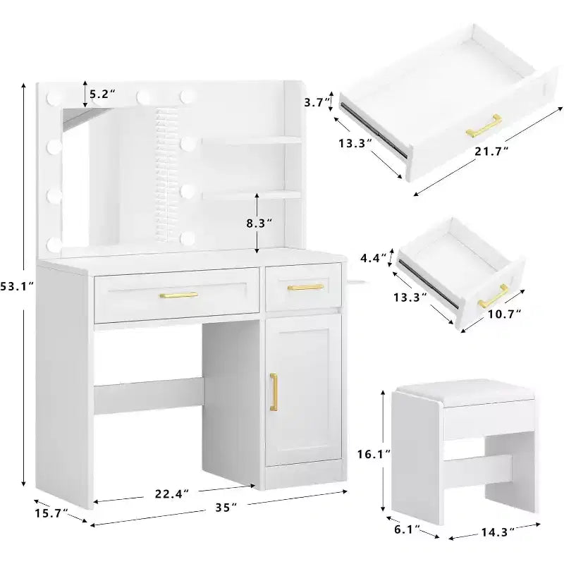 Coiffeuse avec lumières LED et prise de courant - 3 modes d'éclairage, luminosité réglable, tiroirs et étagères de rangement